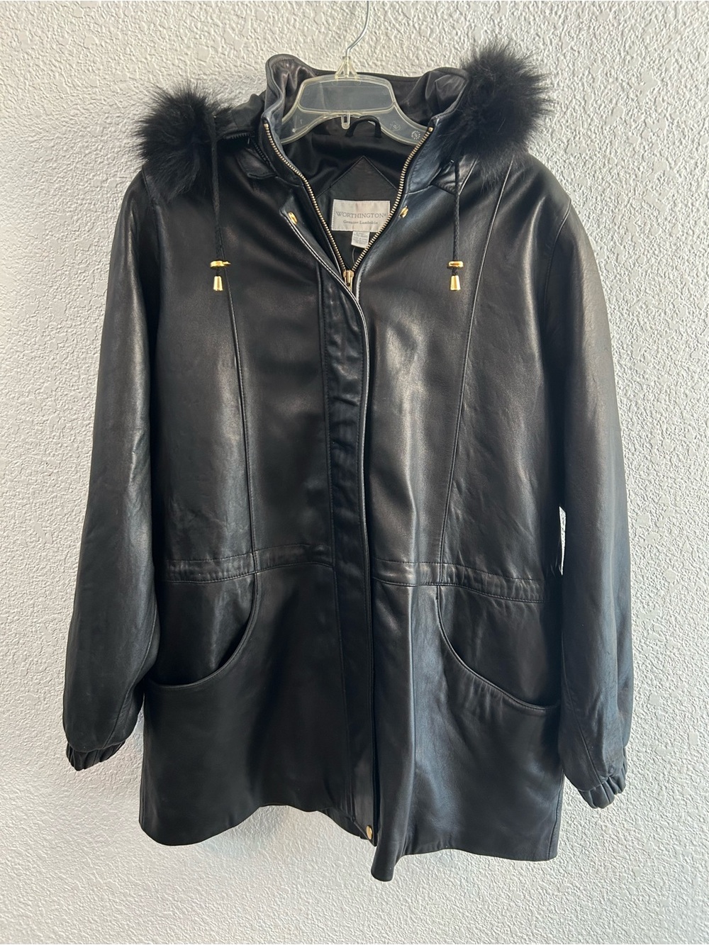 Worthington Genuine Lambskin Black Leather Jacket Parka Coat Fox Fur Trim XL
